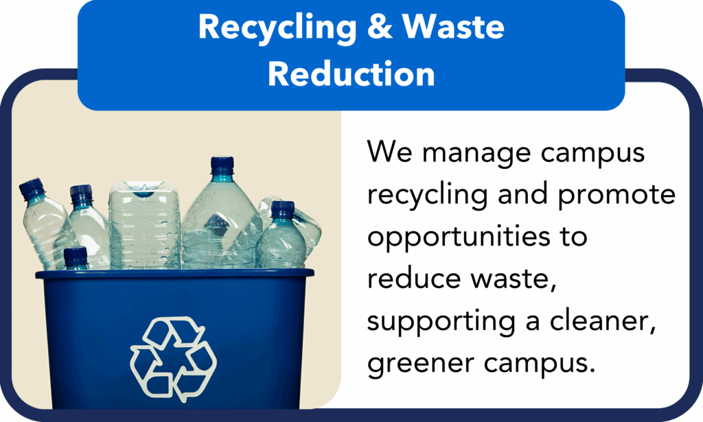 Recycling & Waste Reduction.
We manage campus recycling and promote opportunities to reduce waste, supporting a cleaner, greener campus.