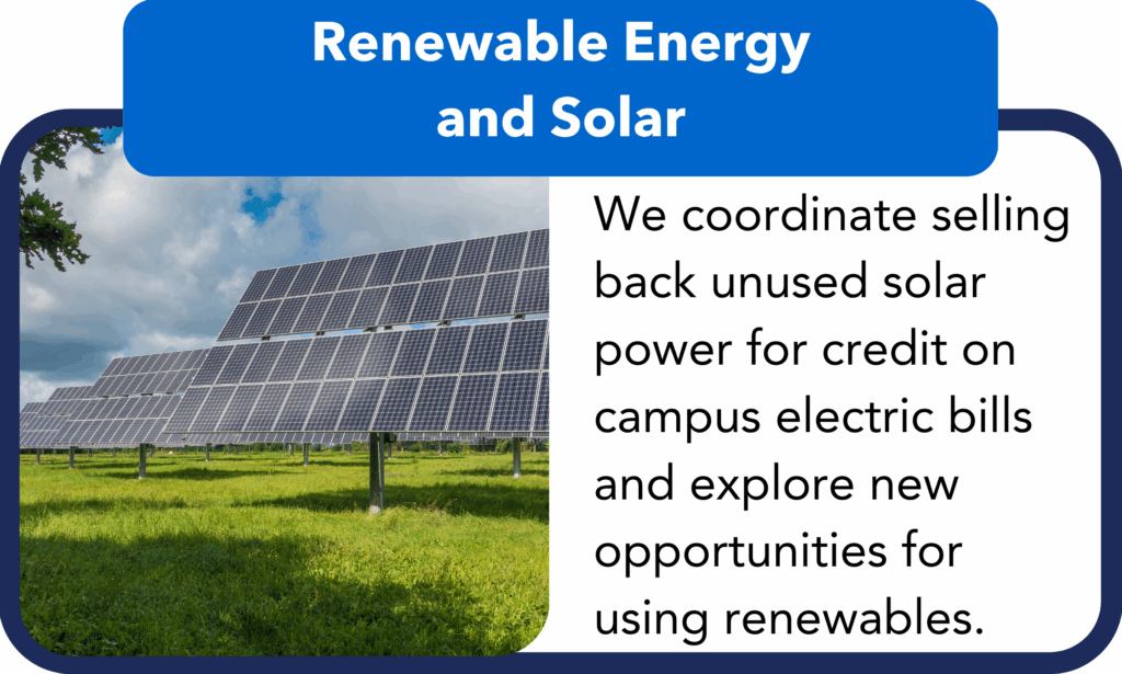 Renewable Energy and Solar.
We coordinate selling back unused solar power for credit on campus electric bills and explore new opportunities for using renewables.